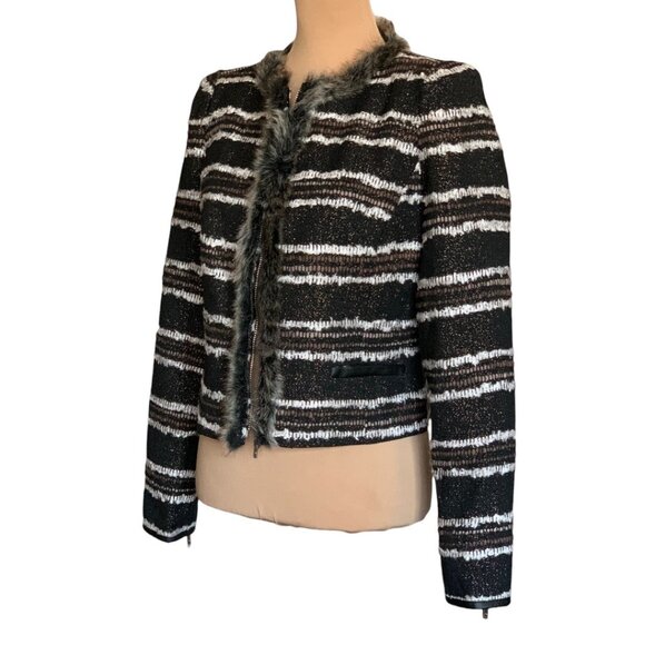 NWT Stella & Jamie Fur Trim Tweed Blazer Sz L Black White Striped Career Office - Picture 10 of 15